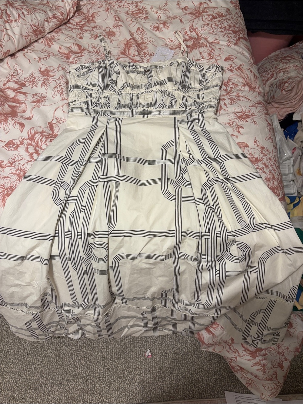 Strapless White Dress with Navy Geometric Print